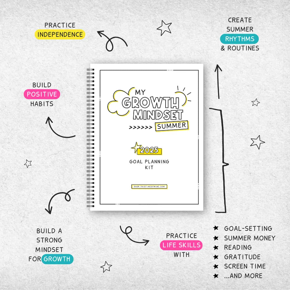 Mockup Of 2025 Summer Goal Kit For Kids | Practice Independence, Create Summer Rhythms And Routines, Build Positive Habits, Build Strong Growth Mindset And Practice Life Skills