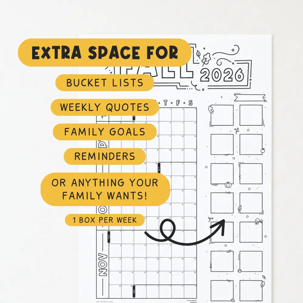 A printable family goal and bucket list giant wall calendar shown on a white background, with large yellow text bubbles reading 'EXTRA SPACE FOR' and callouts for bucket lists, weekly quotes, family goals, reminders, and one box per week.