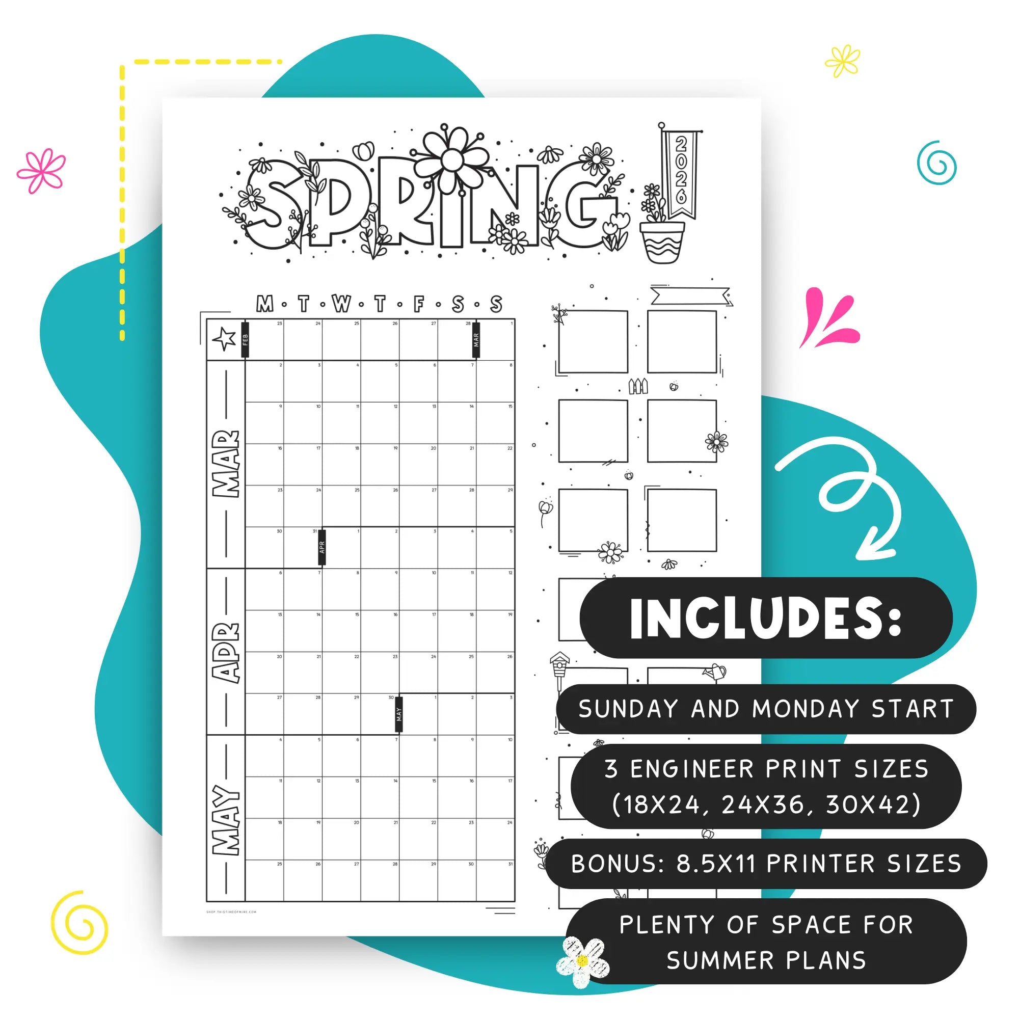 Mockup Of 2026 Spring Jumbo Calendar Includes 3 Engineer Print Sizes, Sunday And Monday Start Wall Calendars