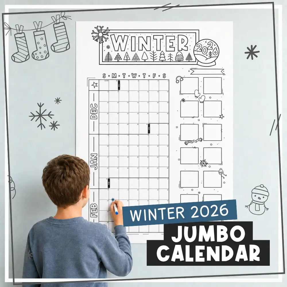 A child viewed from behind writing on a large winter-themed jumbo calendar page. The page has a white background with black line drawings of stockings, snowflakes, a snow globe, and the word WINTER at the top, plus a blue banner reading WINTER 2026 and a black block reading JUMBO CALENDAR.