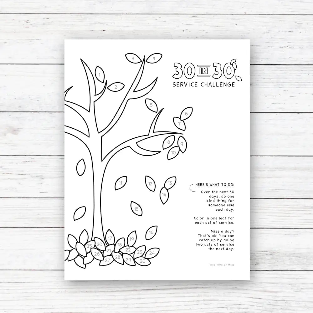 Mockup Of 30 In 30 Service Challenge For Kids | Printable Color Activity