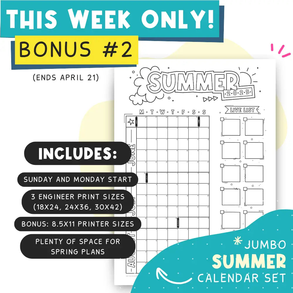 Bonus Jumbo 3 Month Calendars | Summer Goal Kit For Kids