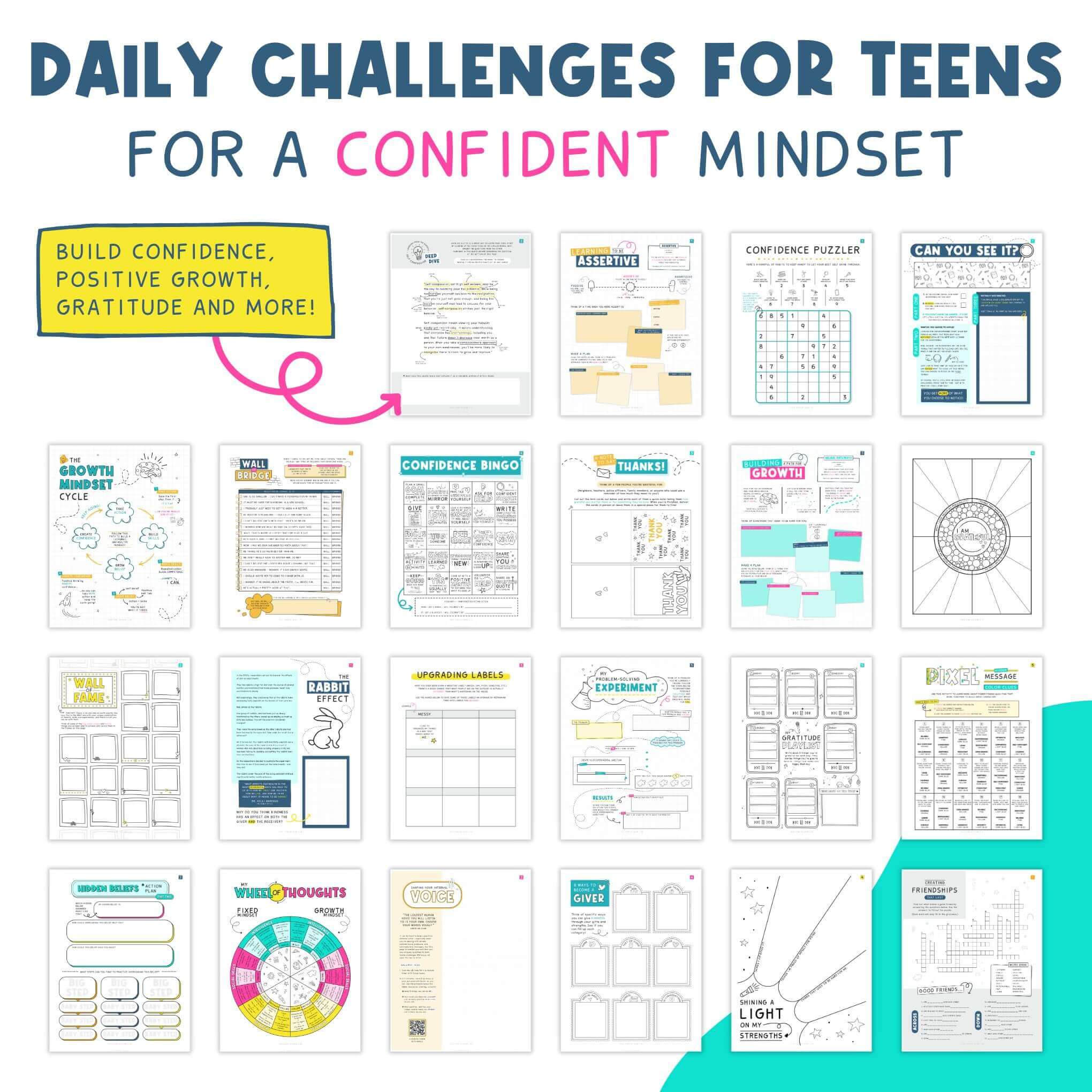 Mockup Of The Confidence-Boosting Printable Challenges Kit For Teens | This Time Of Mine | Build Confidence, Positive Growth, And Gratitude
