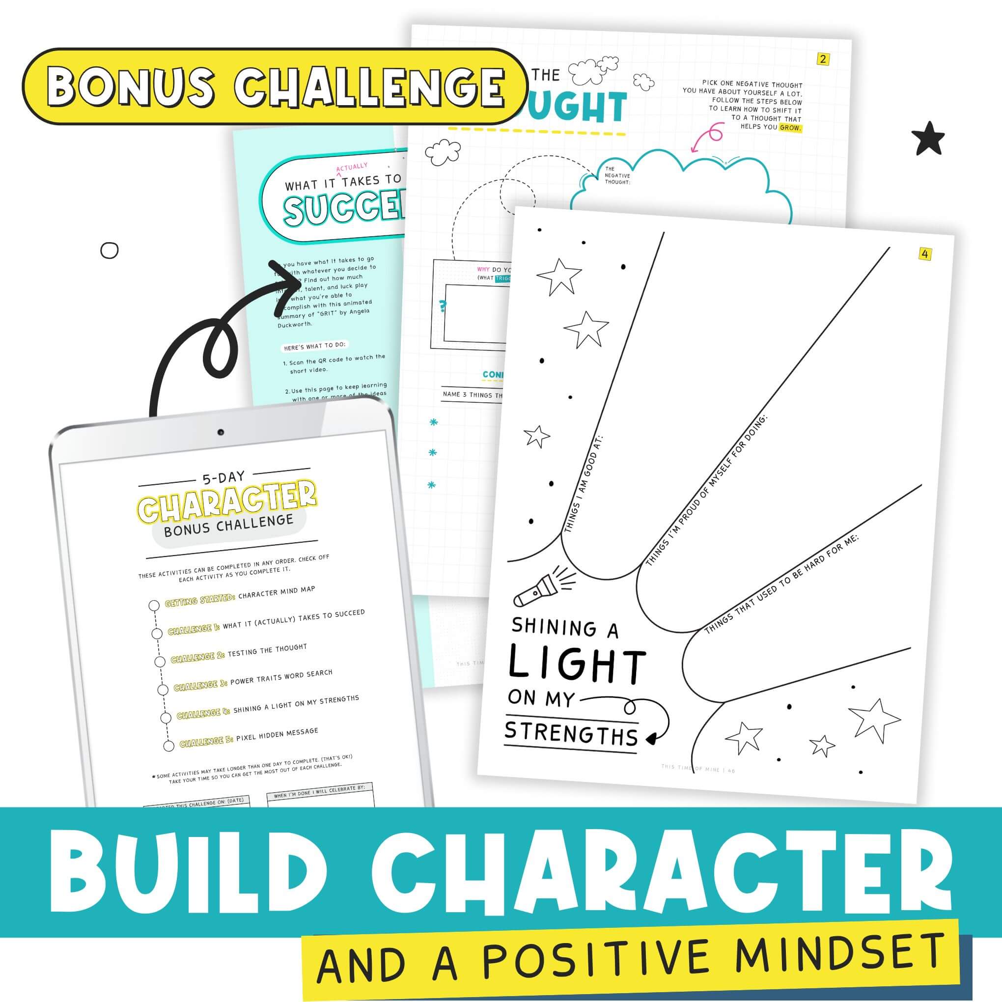 Mockup Of The Confidence-Boosting Printable Challenges Kit For Teens | This Time Of Mine | Bonus Challenge - Build Character And A Positive Mindset