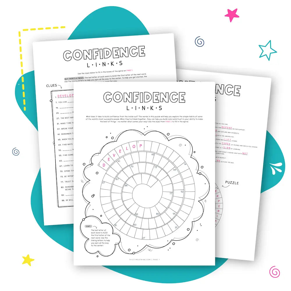 Mockup of Confidence Links Printable Activity For Kids | Spiral Crossword Puzzle Growth Mindset Habits