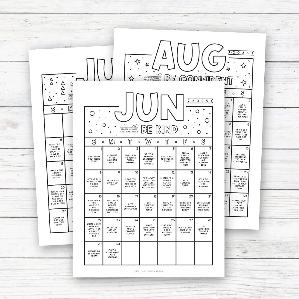 Mockup Of Daily Growth Mindset Mini-Challenges - Printable 3 Month Summer Calendars For Kids - June July August