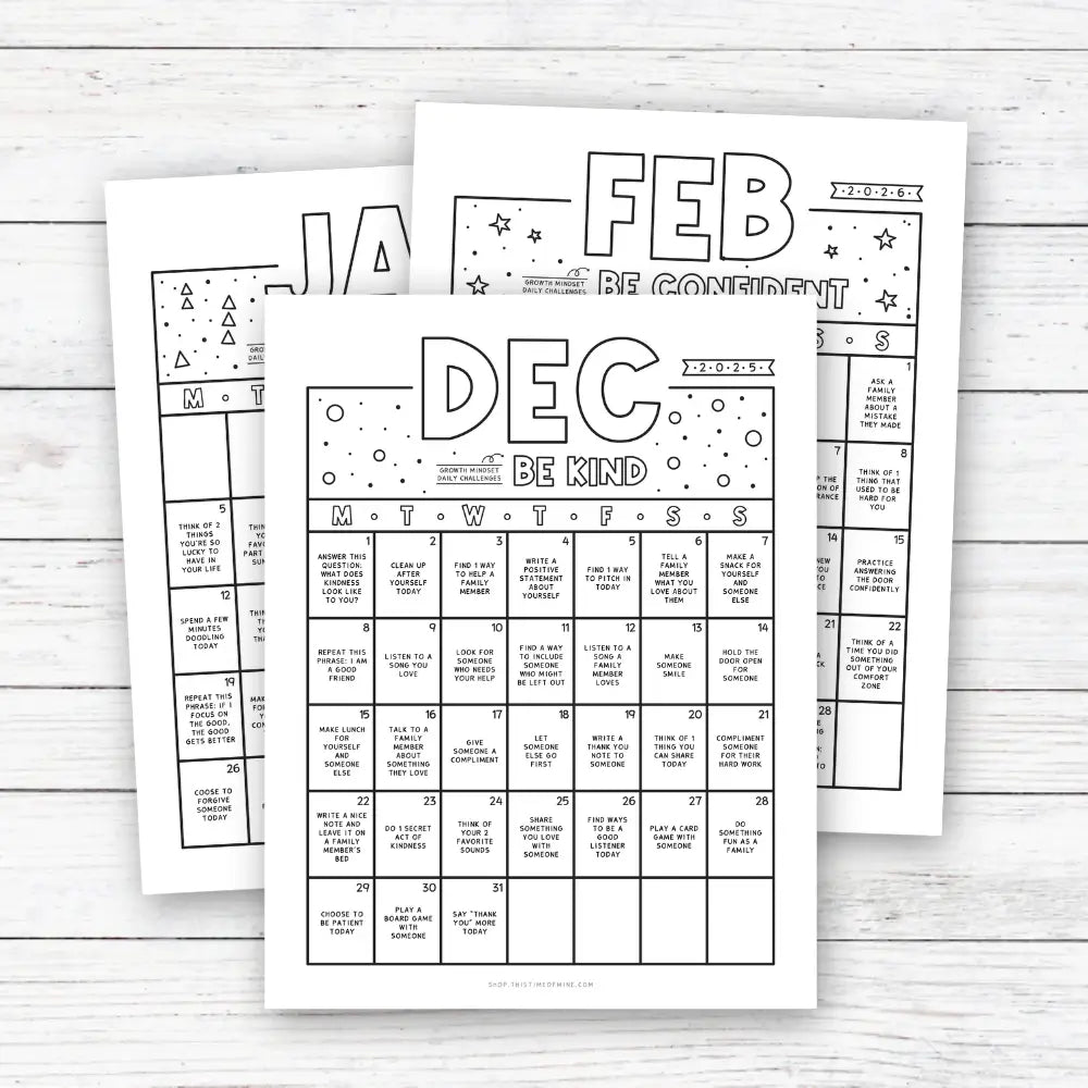 Mockup Of Daily Growth Mindset Mini-Challenges - Printable Summer Calendars For Kids - December January February