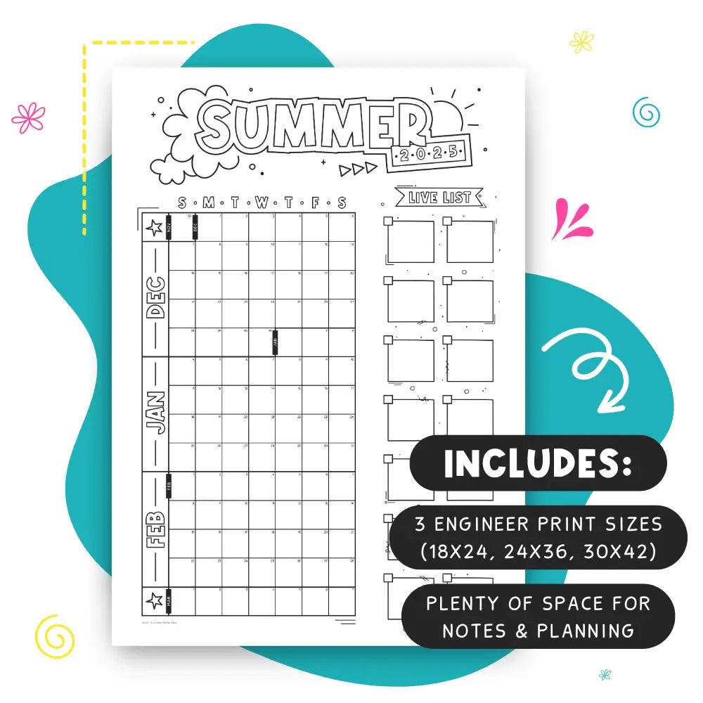 Mockup Of Jumbo 2025 Summer Calendar - Printable PDF For Families - Engineer Print - December January February