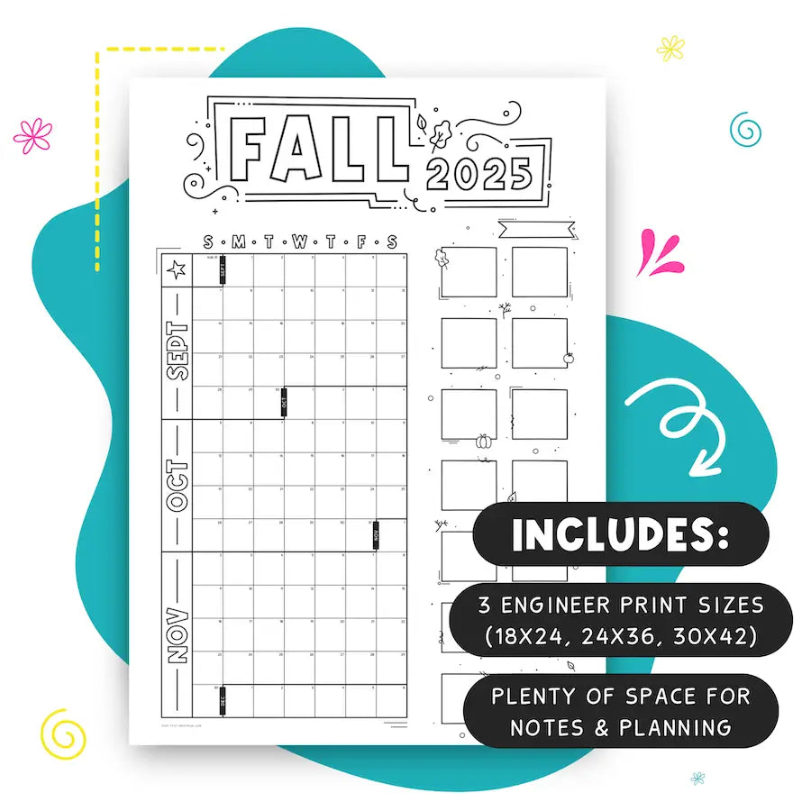 Mockup Of 2025 Fall Jumbo Calendar Includes 3 Engineer Print Sizes, Sunday And Monday Start Wall Calendars
