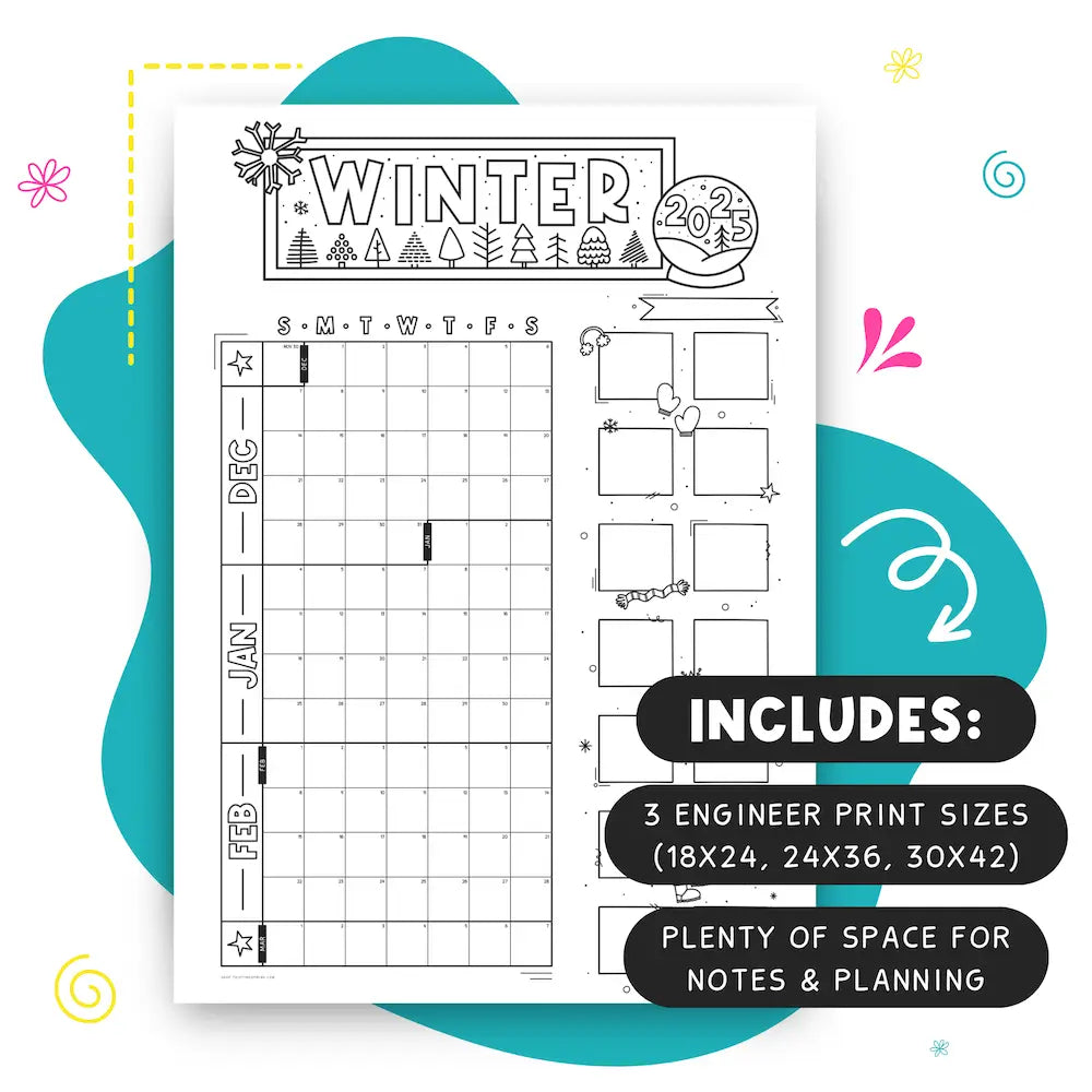 Mockup Of 2025 Winter Jumbo Calendar Includes 3 Engineer Print Sizes, Sunday And Monday Start Wall Calendars