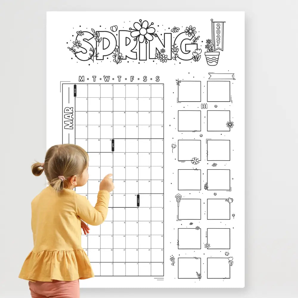 A child in a yellow top and pink skirt stands beside a large printable or physical spring monthly planner page with floral decorations, a monthly grid, and weekly boxes. The scene is shown against a plain light gray background.