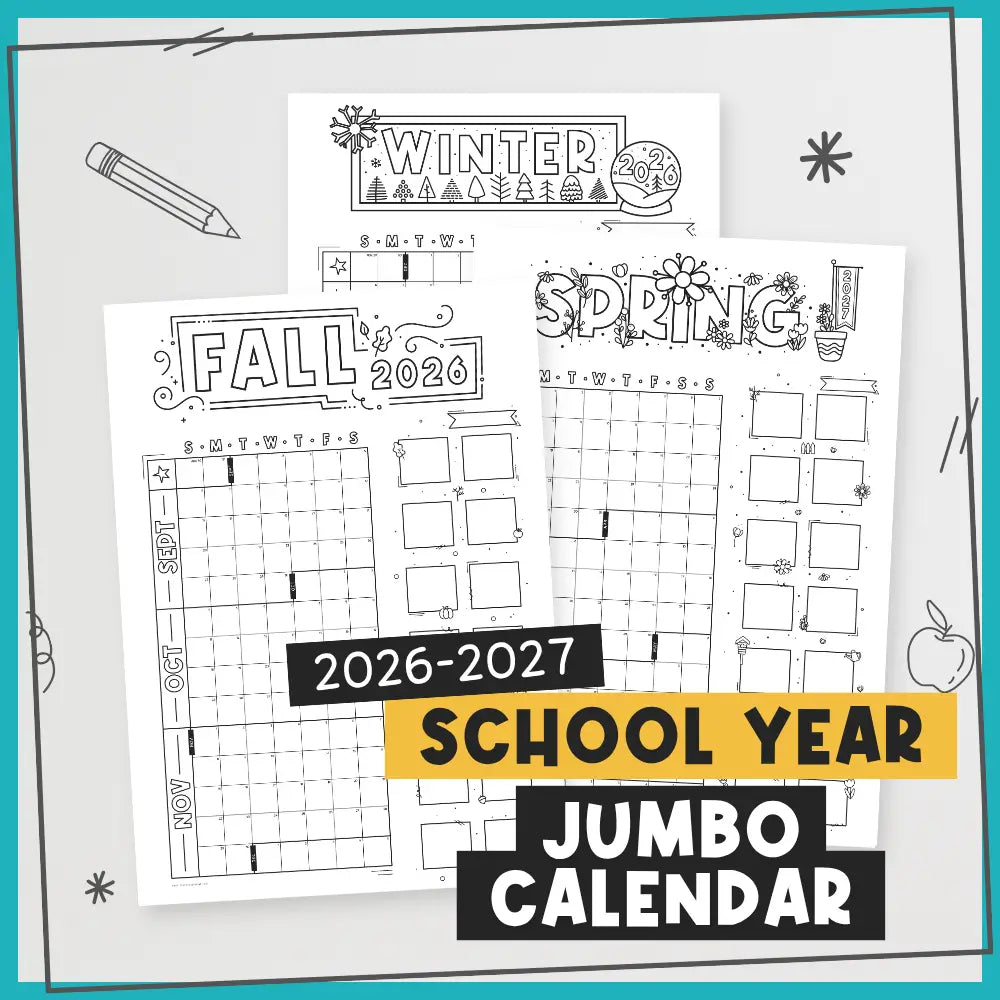 A school year jumbo calendar planner set shown as three black-and-white printable monthly grids labeled Winter, Fall, and Spring, with a yellow and black banner reading 2026-2027 SCHOOL YEAR JUMBO CALENDAR on a light gray background with small doodle accents.