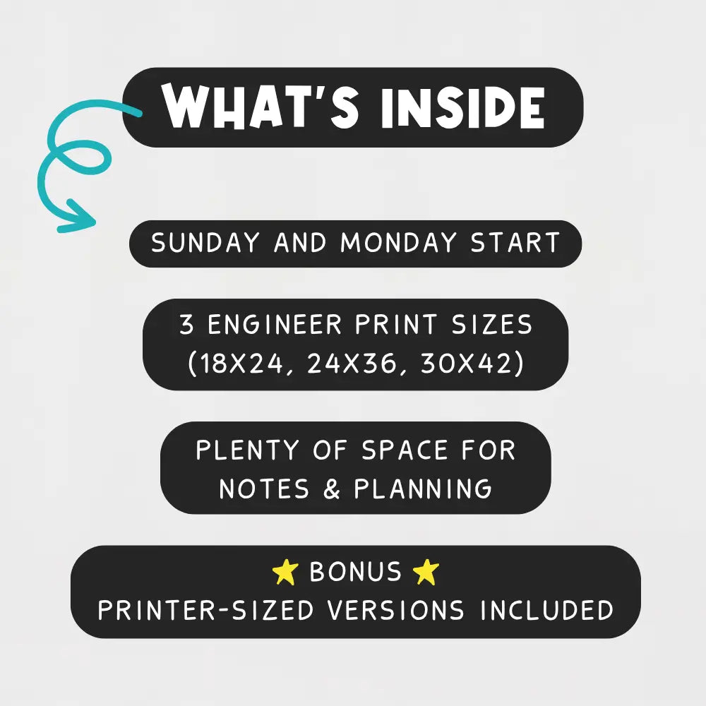 A promotional graphic with black rounded text boxes on a light gray background. The headline reads 'WHAT'S INSIDE' with a teal arrow pointing down to bullet points: 'SUNDAY AND MONDAY START,' '3 ENGINEER PRINT SIZES (18X24, 24X36, 30X42),' 'PLENTY OF SPACE FOR NOTES & PLANNING,' and 'BONUS PRINTER-SIZED VERSIONS INCLUDED.