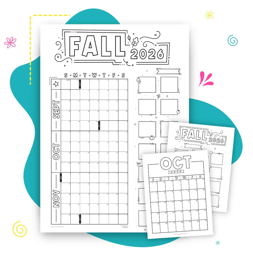 Three printable monthly calendar pages for Fall 2026 arranged on a white background with teal abstract shapes and small decorative doodles. The pages are black-and-white line drawings with labeled months and blank boxes for notes or tasks. Engineer Print And Printer Sized Pages Shown.