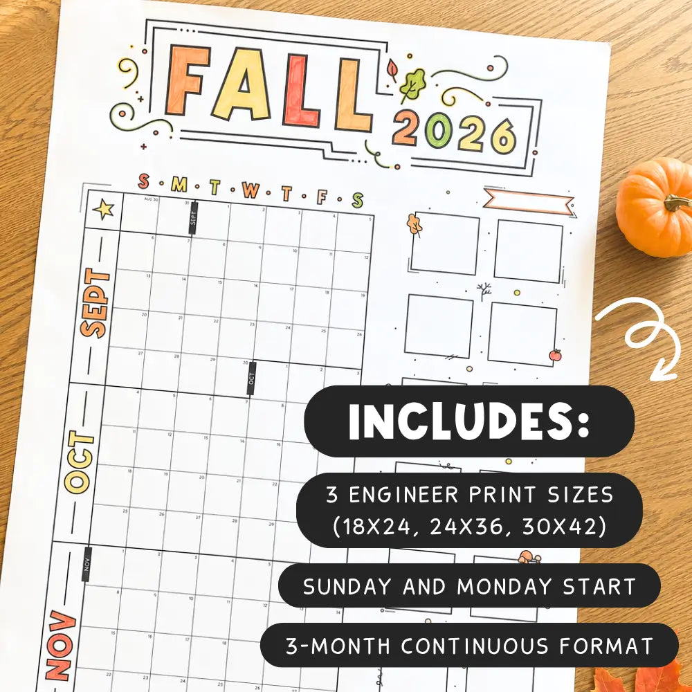 Autumn Themed Oversized Wall Calendar For Families And Classrooms With Engineer Print Sizes On A Wooden Table