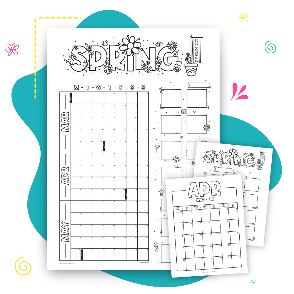 Three printable spring-themed planner pages shown on a white background with teal abstract shapes. The pages include a large monthly calendar for March, April, and May under the word SPRING, smaller monthly grids, and decorative boxes with floral and plant illustrations.