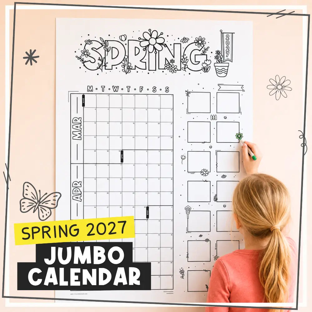 A child with a ponytail is seen from behind, writing in a large spring 2027 jumbo planner calendar. The calendar features a large monthly grid for March and April, decorative 'SPRING' lettering with flowers, and weekly boxes on the right.