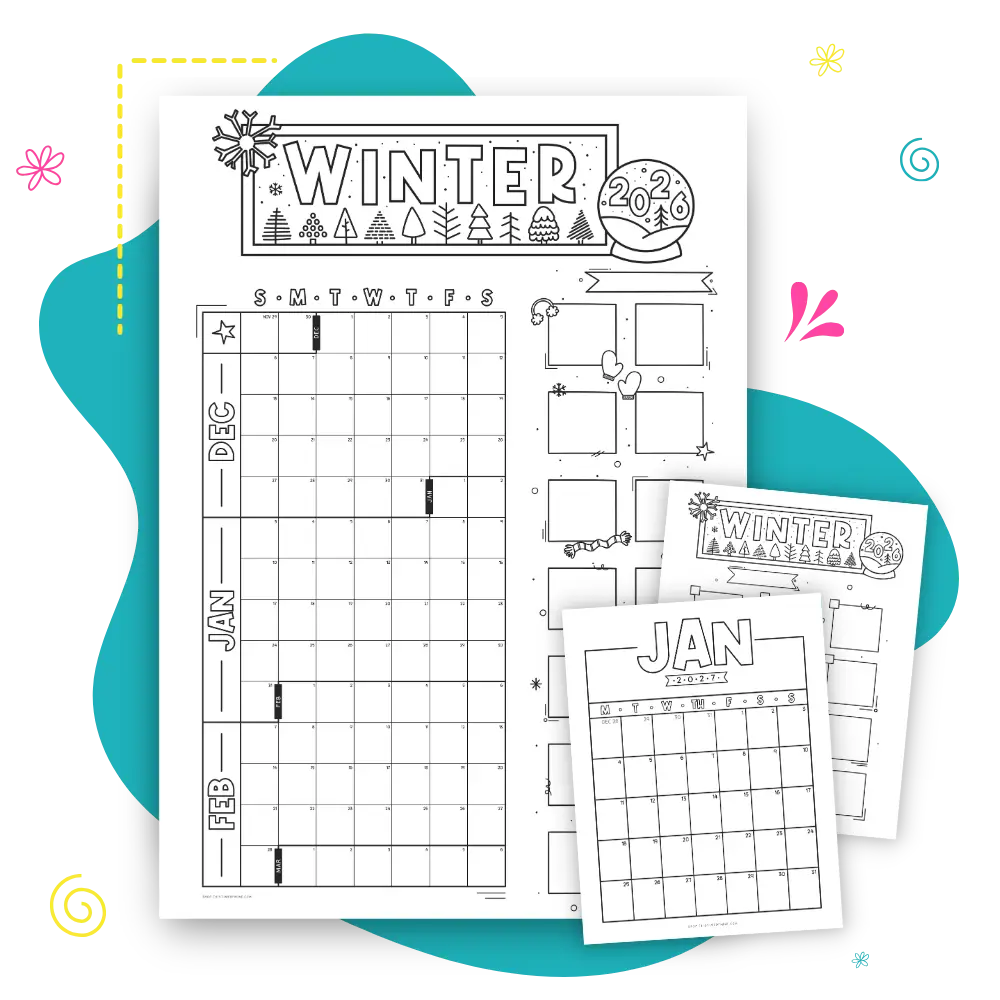Three printable winter-themed calendar pages for January, February, and December, shown overlapping on a white background with teal abstract shapes and small decorative doodles.