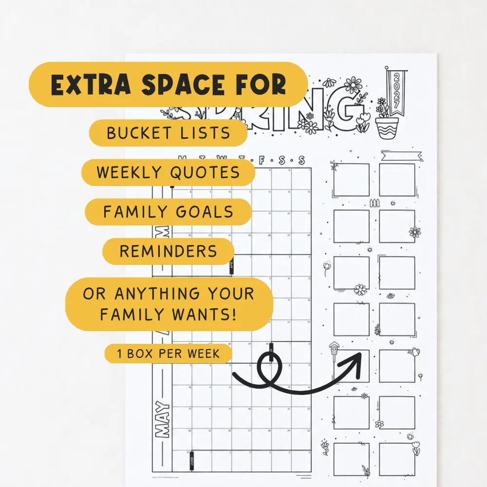 A weekly family goals and bucket lists calendar poster with black line art and text overlays highlighting features like extra space for bucket lists, weekly quotes, family goals, reminders, and one box per week, set against a clean white background.