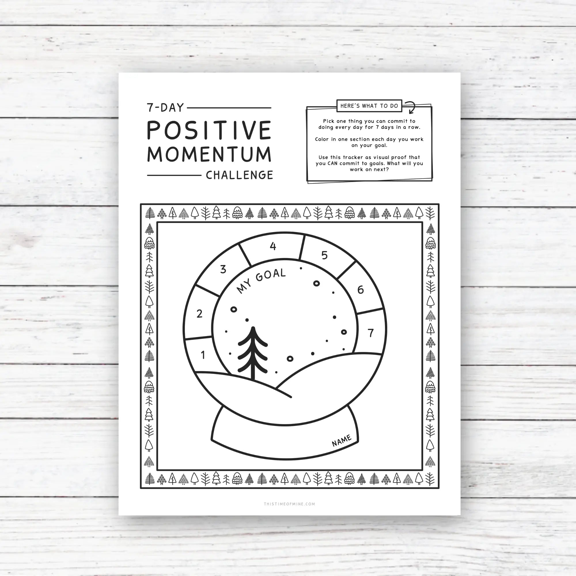 Mockup Of 7-Day Positive Momentum Challenge | Circle Round Goal Tracker For Kids | Printable Winter Activity