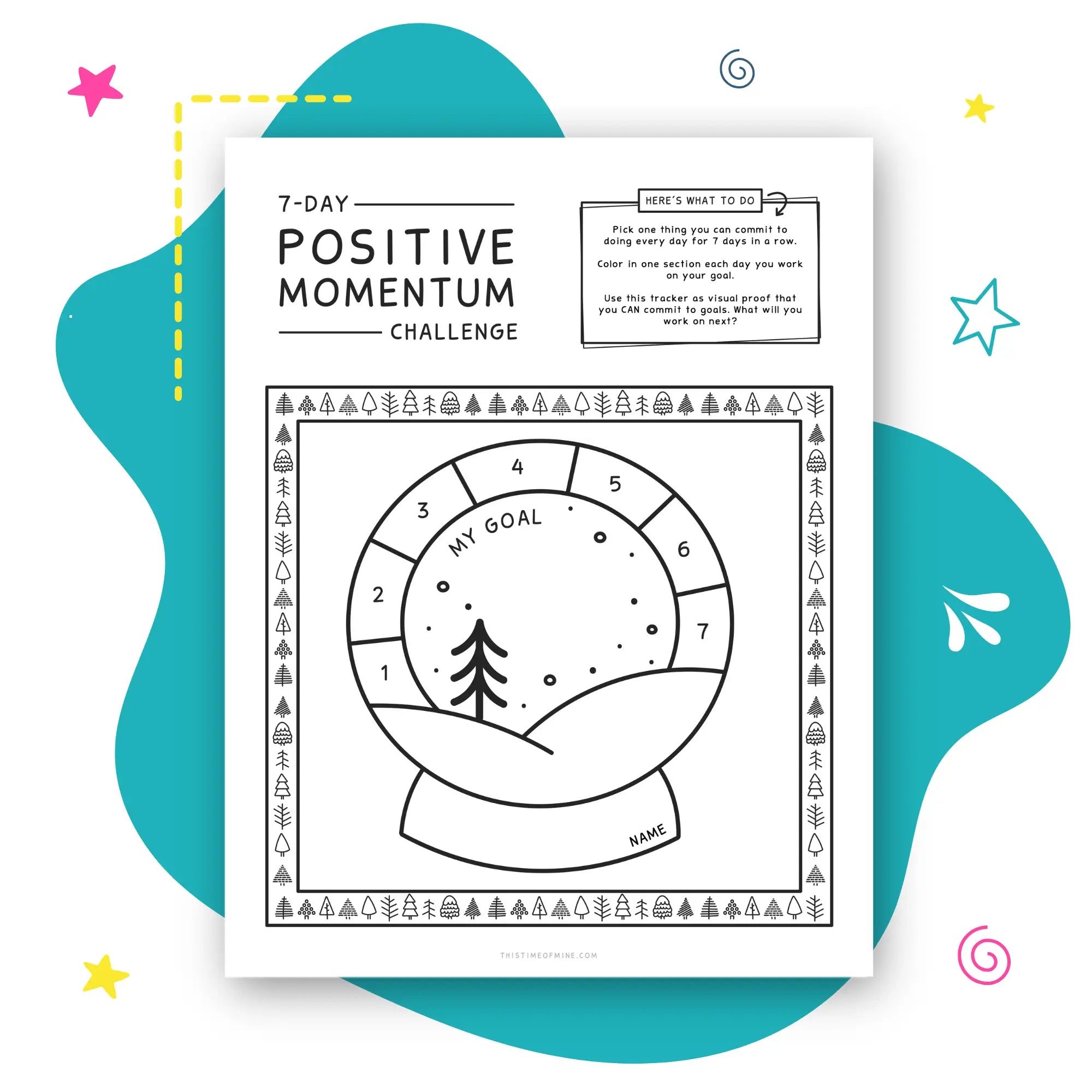 Mockup Of 7-Day Positive Momentum Challenge | Printable Goal Tracker For Kids | Winter Christmas Theme | This Time Of Mine
