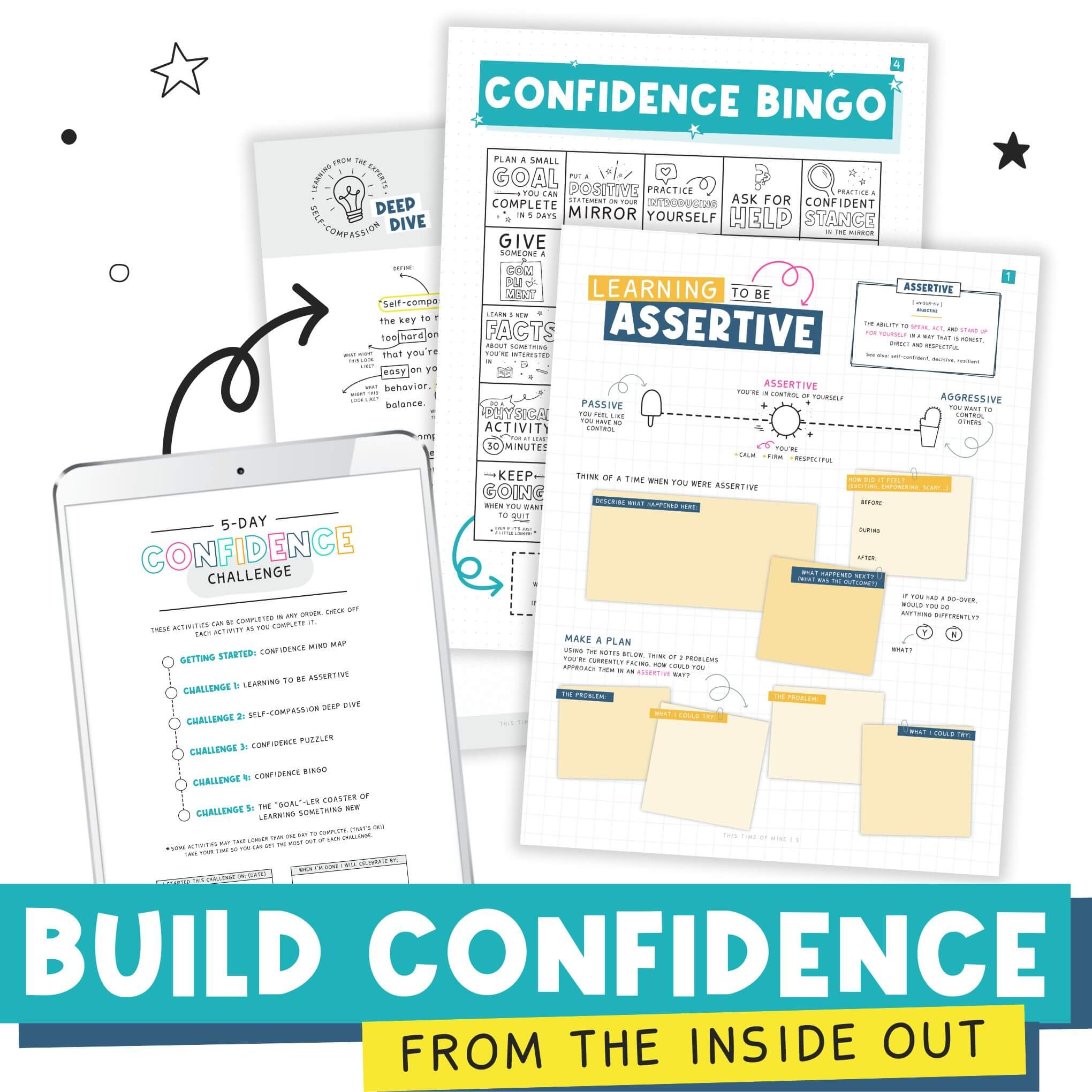 Mockup Of The Confidence-Boosting Printable Challenges Kit For Teens | This Time Of Mine | Build Confidence From The Inside Out