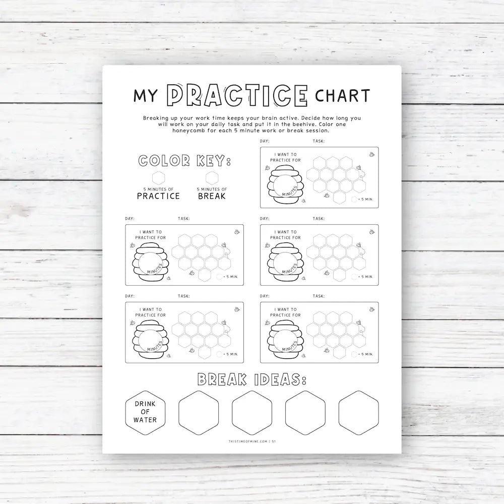 Mockup of Printable Practice Chart For Kids | Honeycomb Work Periods And Rest Breaks