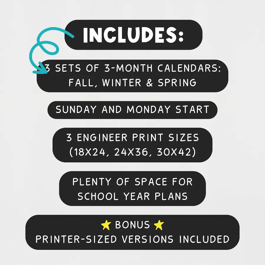 School Year 2025-2026 Engineer Print Oversized Calendars September - May Also Includes Printer Sized Version - Sunday And Monday Start - For Families