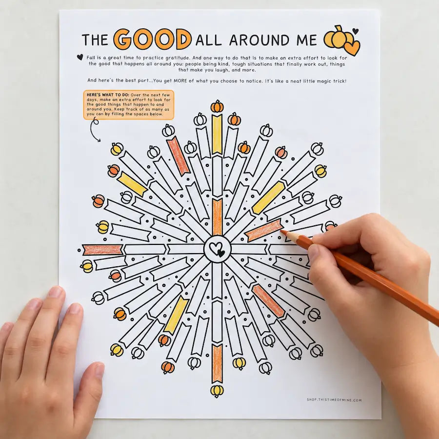 Child drawing on The Good All Around Me | Positive Mindset Challenge For Kids Printable | Fall Gratitude Activities