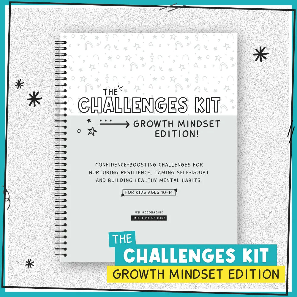 A spiral-bound workbook titled 'The Challenges Kit: Growth Mindset Edition' shown on a textured light background with decorative black starburst graphics. The cover is white with black text and subtle gray doodle patterns.