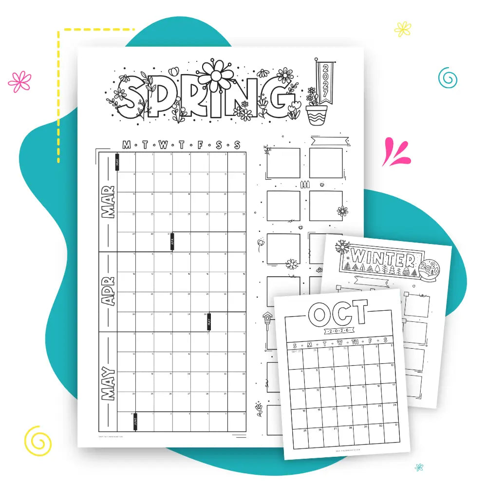 Three printable monthly calendar pages for Spring, Winter, and Fall displayed on a white background with decorative teal and pink graphic shapes.
