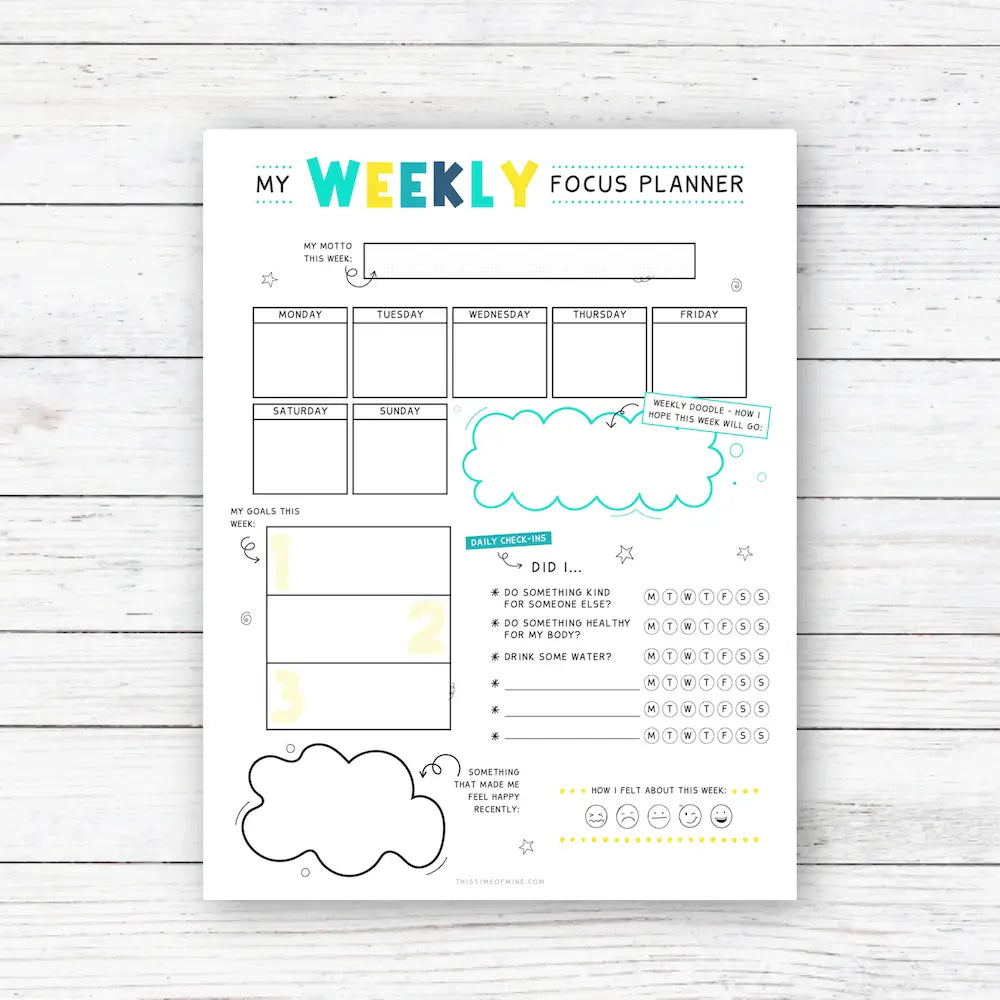 Mockup of Weekly Focus Planner For Kids And Teens PDF | Independence And Skill Building