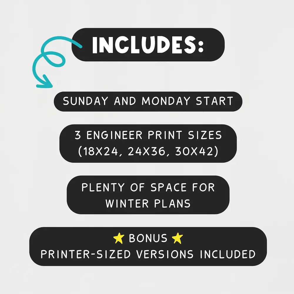 Winter 2025 Engineer Print Oversized Calendars December - February Also Includes Printer Sized Version - Sunday And Monday Start - For Families